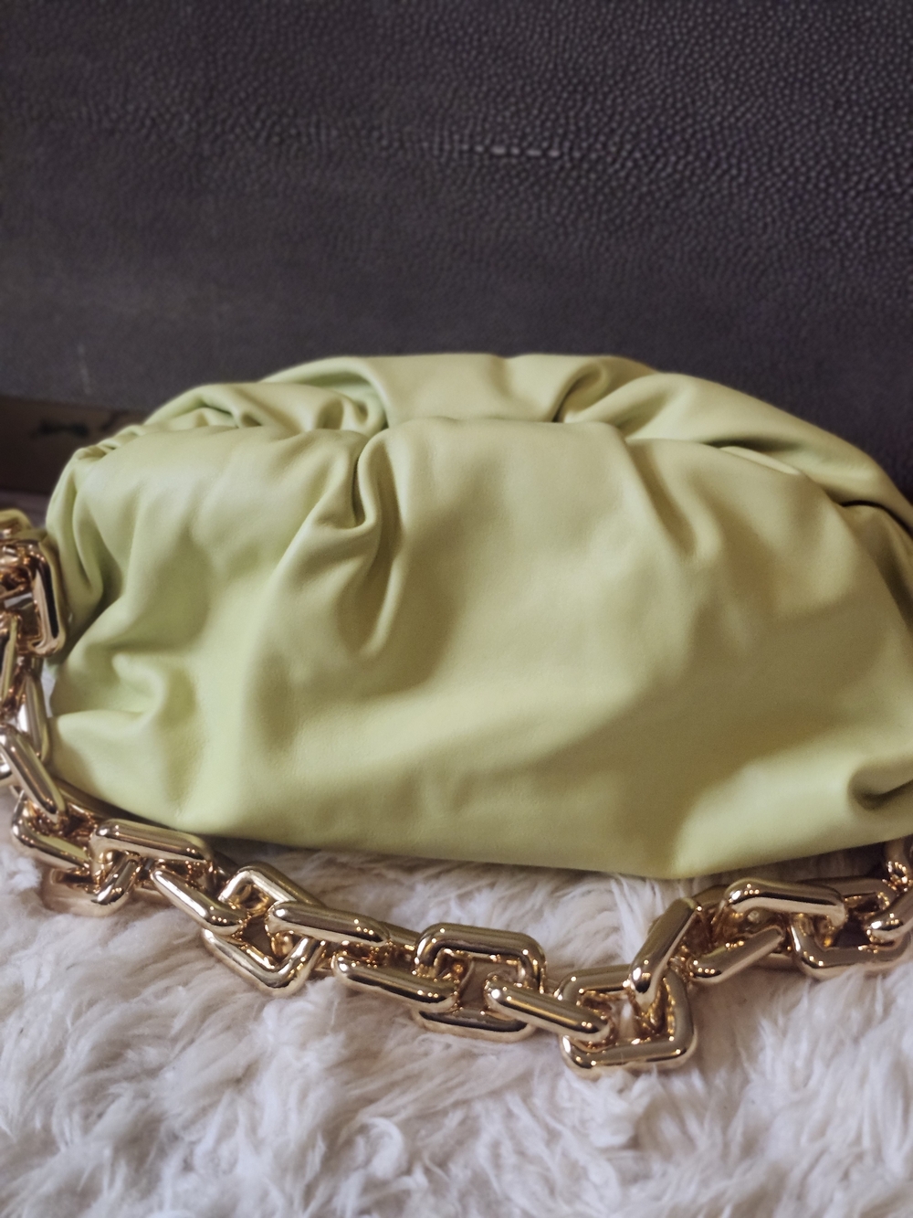 Bottega Veneta Gathered Shoulder Bag in Light Green with Gold Chain